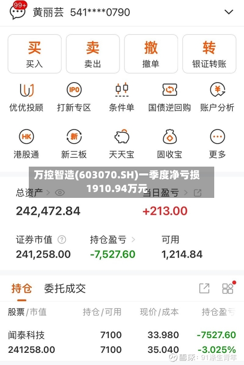 万控智造(603070.SH)一季度净亏损1910.94万元